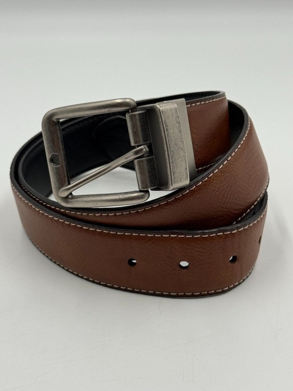 Reversible Black Brown Dress Belt Mens Size M 34-36 Silver Buckle Faux Leather